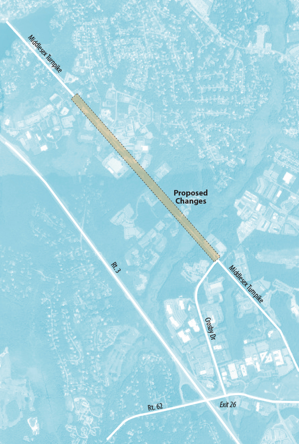 Map showing the location of the Middlesex Turnpike project from Plank Street to Manning Road in Bedford and Billerica.